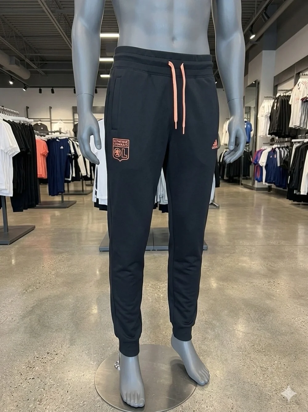 adidas Olympique Lyonnais Soccer Track Pants Black/Orange Drawstring Size M